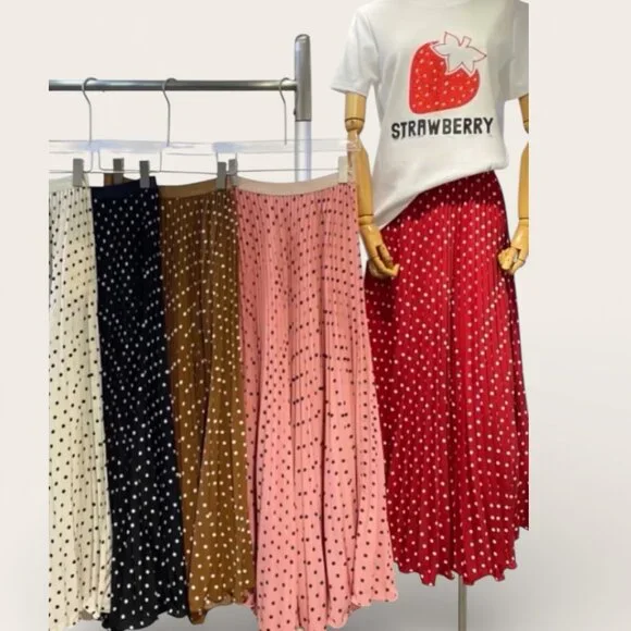 Brown Polka Dots Pleated Maxi Skirt - Picture 2 of 3